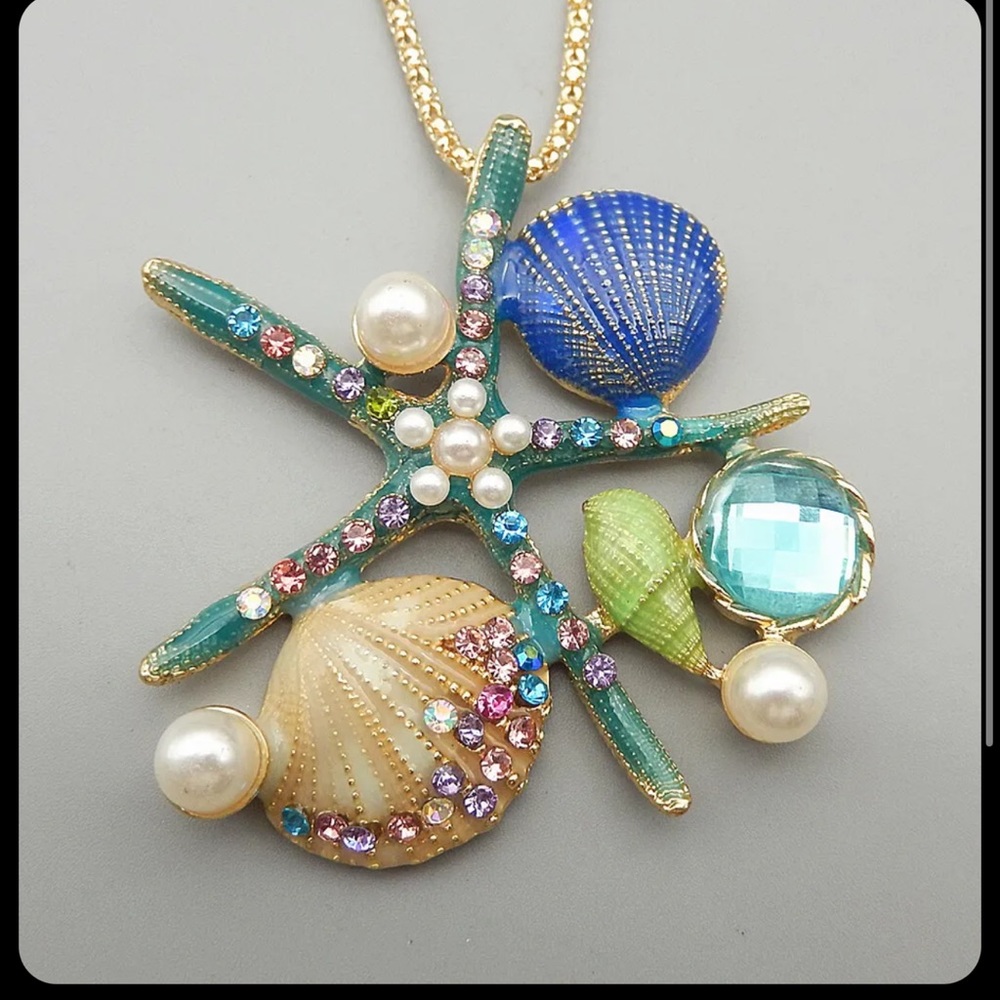 Blue Crystal Starfish Shell Conch Pendant Betsey Johnson Inspired Long Necklace